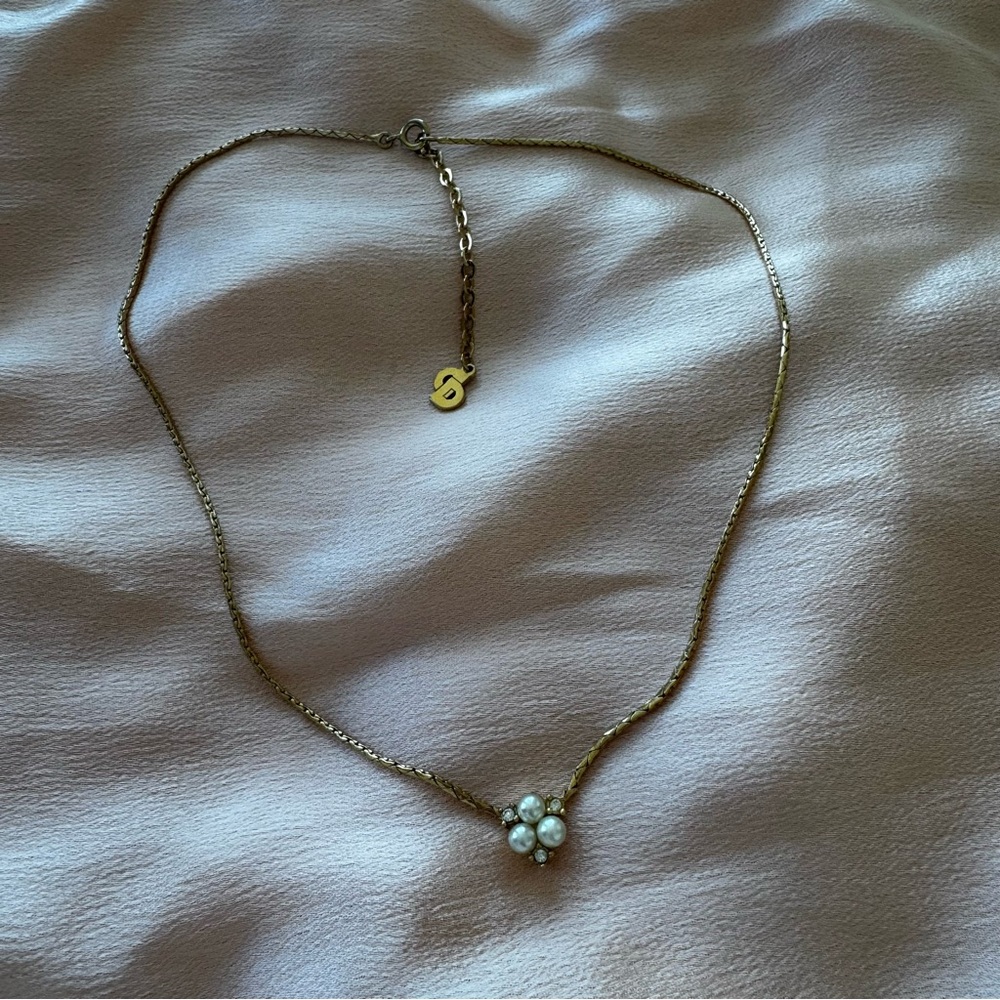 Vintage Christian Dior Costume Diamond and Pearl Gold Necklace